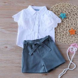Summer Girls Set Sleeveless Kid Clothing Solid Colour Lace T-shirt+Shorts Suit Clothes For Girl Children's 210528