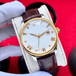 Fashion Brand Automatic Mechanical watch Men Stainless Steel Roman Number Wristwatches Male Brown Leather calendar Clock 41mm