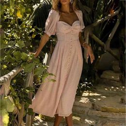 Polka Dot Button Up Pink Summer Dress Women Vintage Chiffon Maxi Long Dress Drop Dresses for Women Slit Dress 210415