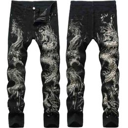 New men's Chinese trendy dragon black skinny jeans stretch comfortable fashion hip-hop men's pants Streetwear print trousers 210331