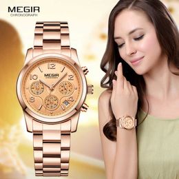 Megir Ladies Watch Chronograph Quartz Watche Top Brand Luxury Rose Gold Wristwatch Relogio Feminino 2057 210616