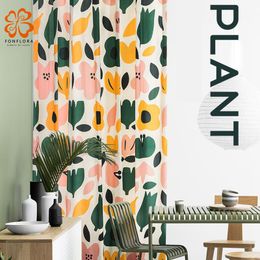 Plant Chenille Printed Curtains For Living Room Luxury Style Floral Drapes Bedroom Artistic Pink Green Window Panel Blinds Curtain &