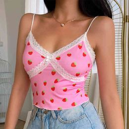 Kawaii Strawberry Print Patchwork Lace Y2K Pink Crop Top With Thin Strap Backless Fashion Women Summer Female Harajuku Cami 210415