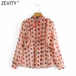 Women Sweet Press Pleated Bow Tied Chiffon Shirts Lady Polka Dot Print Striped Blouse Roupas Chic Ruffles Tops LS9039 210420