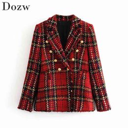 Double Breasted Women Plaid Blazers Fashion Tassel Notched Collar Office Suits Long Sleeve Lady Jacket Autumn Blazer Feminino 210414
