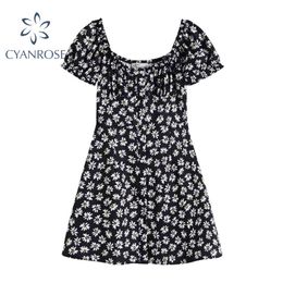 Women's Beach Summer Crop Dress Floral Print Square Collar French Mori Girl Mini Vestidos Mujer Short Sleeve A-Line Dresses 210417