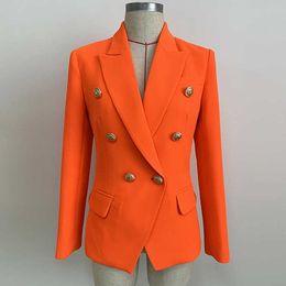 QUALITY Newest HIGH 2021 Designer Blazer Women's Lion Buttons Double Breasted Blazer Jacket Neon Orange X0721