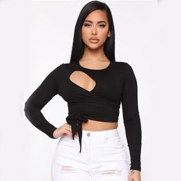 Aesthetic Sexy Hollow Out Bandage Women Basic T-Shirt Long Sleeve O-Neck Cropped Top White Streetwear T-shirts Spring 210517