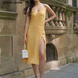 French Summer Floral Print Spaghetti Strap Yellow Midi Dress Retro Sexy Women Sling Slit Dresses Vestido 210429