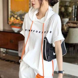 Summer Fashion Women Short Sleeve Loose T-shirt All-matched Casual Hooded Tee Shirt Femme Letter Print Tops 100% Cotton S823 210719