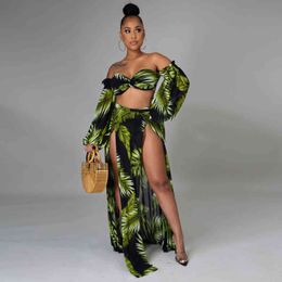 S-5XL Plus Size Leaves Print 3 Piece Bikini Set Summer Outfit Women Off Shoulder Lantern Sleeve Crop Top+underpant+split Skirts 211116