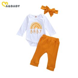 0-24M born Infant Baby Girl Clothes Set Rainbow Romper Knitted Pants Autumn Winter Outfits Costumes 210515