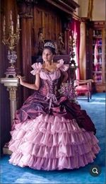 Hot Pink Tiered Ruffles Quinceanera Dresses vintage Off the Shoulder lace-up corset Applique Sweet 16 Dress Party Wear