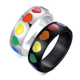 Free Engraving 6mm Heart Rings, Rainbow Gay Pride Wedding Rings in Stainless Steel, Couple Gay Rings, Enamel Rings
