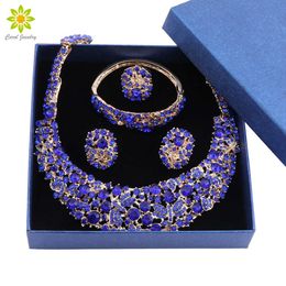 African Beads Jewelry Sets For Women Blue Crystal Necklace Earrings Gold Color Pendant Wedding Dress Accessories with Gift Boxes H1022