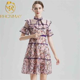 Runway Summer Fashion Vintage Short Dress Women Lace Flare Sleeve Patchwork Ruffles Mesh Gorgeous Floral Print Party Dresses 210506