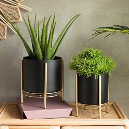 Nordic Vase Succulent Balcony Round Black Thick Wrought Iron Flower Pot Creative Home Countertop Decorative Flower 210615