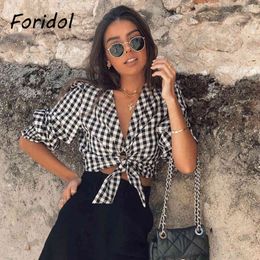 Foridol Bowknot Plaid Vintage Crop Tops Women Spring Summer V Neck Chequered Retro Laides Blouse Tops Shirts Long Sleeve Cotton 210415