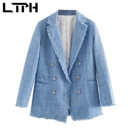 French elegant blazer women Soft tweed Jackets Blazers Double Breasted mid-length vintage Lady Suit Coat Spring 210427