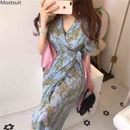 Summer Elegant Long Floral Dress Women Short Sleeve V-neck Lace Up Tunic Sexy Party Dresses Korean Robe Femme 210513