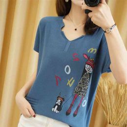 Pure cotton T-shirt summer casual knitted sweater short-sleeved women's v-neck pullover plus size top tees 210623