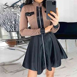 Elegant A-line women's party dresses Casual Stand collar zipper High street short pu leather dress autumn 210414