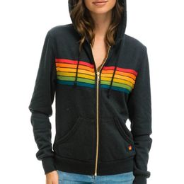 Womens Hoodies Sweatshirts Donsignet Women Coat 2021 Casual Rainbow Hooded Fashion Zip-up Striped Plus Size
