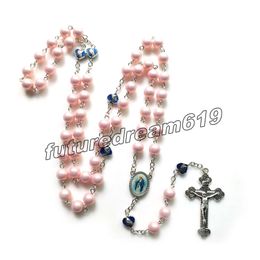 Religious Cross Rosary Necklace Long Pink Acrylic Pearl Pendant Necklace For Women Catholic Jewelry