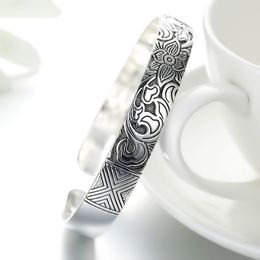 Fashion 925 Stamp Silver Woman Lucky Cuff Bracelet Lotus Flower Bangle Girls Party Jewelry Gifts Christmas