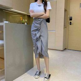 Plaid split skirt female ruffled irregular hip short summer Korean fashion women's clothing 210520