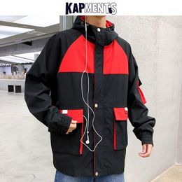 Men Streetwear Patchwork Cargo Jackets 2021 Korean Man Pockets Hooded Windbreaker Male Hip Hop Oversized Bomber Jacket1