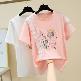 Sequins Beading Letter White T Shirt Women Tshirt Female Summer Tops T-Shirt Korean Fashion Pink Tee Shirt Femme 210604
