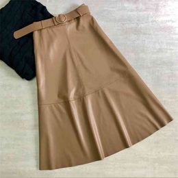 Fall Spring Western Style Fashion High Waist Slim All-match Women Pu Leather Skirt Belt A-line Long Free 210629