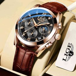 LIGE Top Brand Luxury Mens Watches Male Clocks Auto Date Sport Military Leather Strap Quartz Business Relogio Masculino 210517