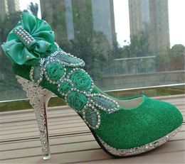 Green Diamond Flowers Wedding Shoes Flower Pumps High Heels Bridal Shoes 8cm 10cm Prom Shoes for Lady