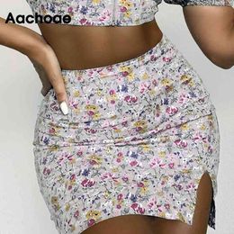 Vintage Floral Printed Chic Women High Waist Split Mini Skirts Female Back Zipper Elegant Skirt Faldas Mujer 210413