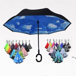 NEWFolding Reverse Umbrella 52 Styles Double Layer Inverted Long Handle Windproof Rain Car Umbrellas C Handle Umbrellas RRA7891