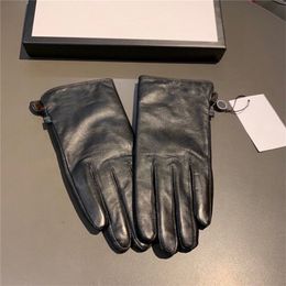 Classic Letter Stripe Leather Gloves Soft Warm Touch Screen Mittens Winter Women Plush Glove With Gift Box