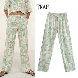 TRAF Za Women's Pants 2021 Linen Loose High Waist Flared Pants Chic Style Women Clothing Straight Pants Summer Woman Trousers Q0801