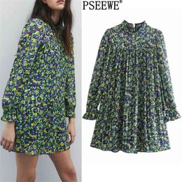 Dress Green Floral Print Short es Women Casual Cottagecore High Neck Ruched Long Sleeve Mini Woman 210519