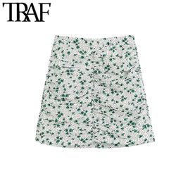 TRAF Women Chic Fashion Floral Print Draped Mini Skirt Vintage High Waist Back Zipper Female Skirts Faldas Mujer 210415