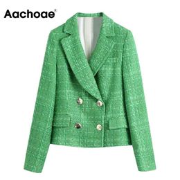 Aachoae Elegant Plaid Tweed Blazer Suits Double Breasted Office Blazer Women Notched Neck Vintage Tops Outerwear Spring Autumn 210413