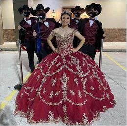 2022 Fashion Gold Embroidered Appliques Quinceanera Dresses Off The Shoulder Glitter Tulle Puffy Ball Gown Sweet 16 Dress 15 Girls Prom