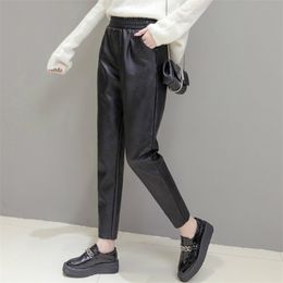 Winter Long Trousers for Women PU leather Pencil Pants Elastic Waist Thick Velvet Female Faux Leather Casual 210520