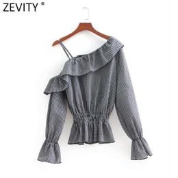 Zevity Women Fashion Plaid Print Ruffles Asymetrical Shirt Ladies Off Shoulder Casual Blouse Chic Femininas Tops LS7586 210603
