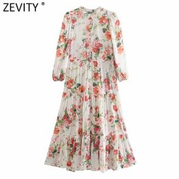 Zevity Women Fashion Floral Print Pleats Single Breasted Shirtdress Female Three Quarter Sleeve Midi Vestido Chic Dresses DS8391 210603