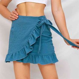 Autumn summer vintage skirts Women's Solid Colour Lace-up Zip Skirt Seersucker Ruffled Asymmetrical Women 210508