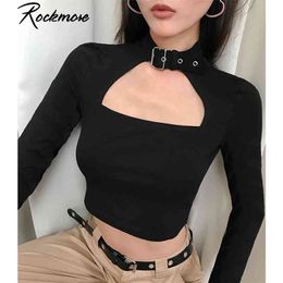 Rockmore Buckle Halterneck Sexy Womens T Shirt Harajuku Long Sleeve Crop Top Streetwear Basic Tshirt Women Tight Tees Shirts 210623