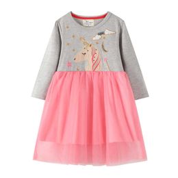 Jumping Metres Top Brand Unicorn Applique Baby Clothes Cotton Tutu Party Girls Dress Cute Autumn Spring Kids 210529