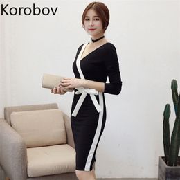 Korobov New Arrival Korean Women V Neck Dress Elegant Slim Knitted OL Dresses Long Sleeve Lacing Bow Robe Femme 210430